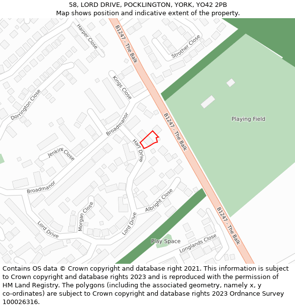 58, LORD DRIVE, POCKLINGTON, YORK, YO42 2PB: Location map and indicative extent of plot