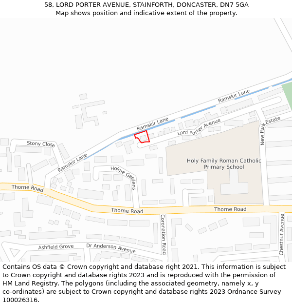 58, LORD PORTER AVENUE, STAINFORTH, DONCASTER, DN7 5GA: Location map and indicative extent of plot