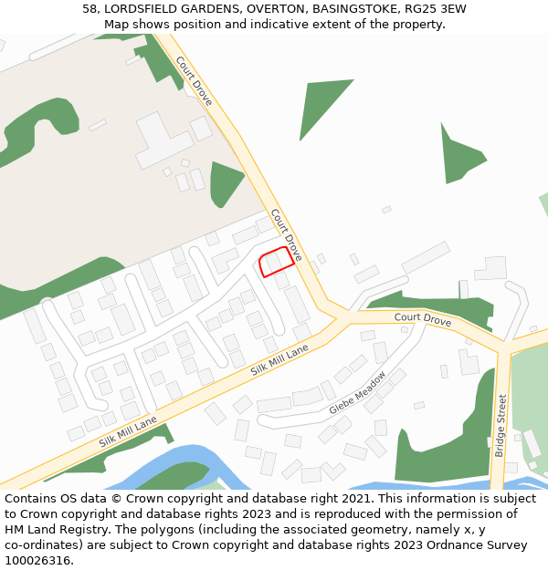 58, LORDSFIELD GARDENS, OVERTON, BASINGSTOKE, RG25 3EW: Location map and indicative extent of plot