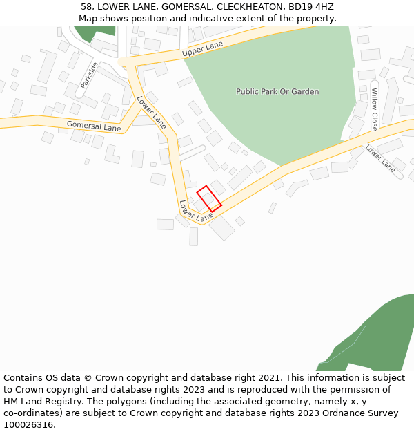 58, LOWER LANE, GOMERSAL, CLECKHEATON, BD19 4HZ: Location map and indicative extent of plot