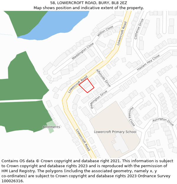 58, LOWERCROFT ROAD, BURY, BL8 2EZ: Location map and indicative extent of plot