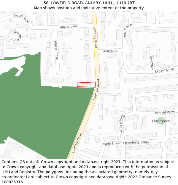 58, LOWFIELD ROAD, ANLABY, HULL, HU10 7BT: Location map and indicative extent of plot