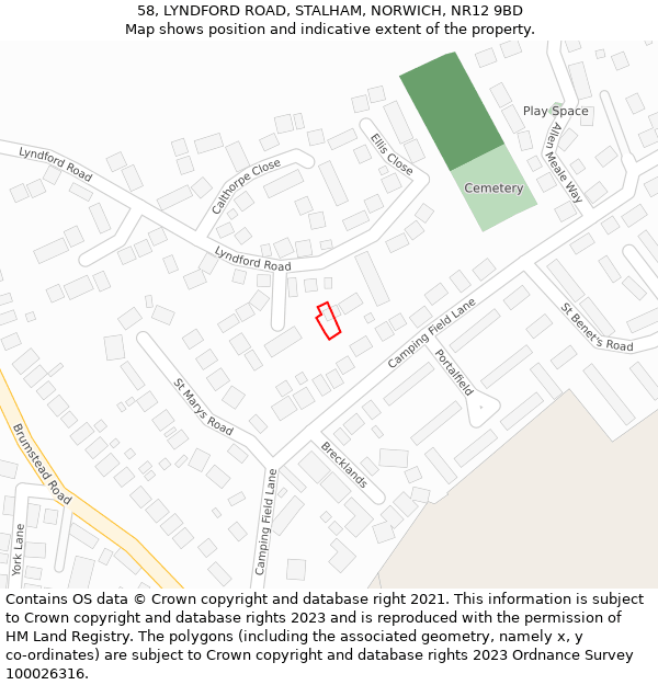 58, LYNDFORD ROAD, STALHAM, NORWICH, NR12 9BD: Location map and indicative extent of plot