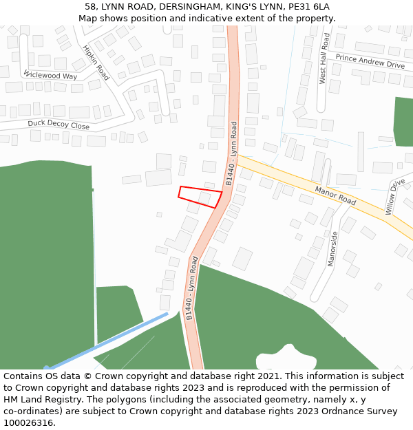 58, LYNN ROAD, DERSINGHAM, KING'S LYNN, PE31 6LA: Location map and indicative extent of plot