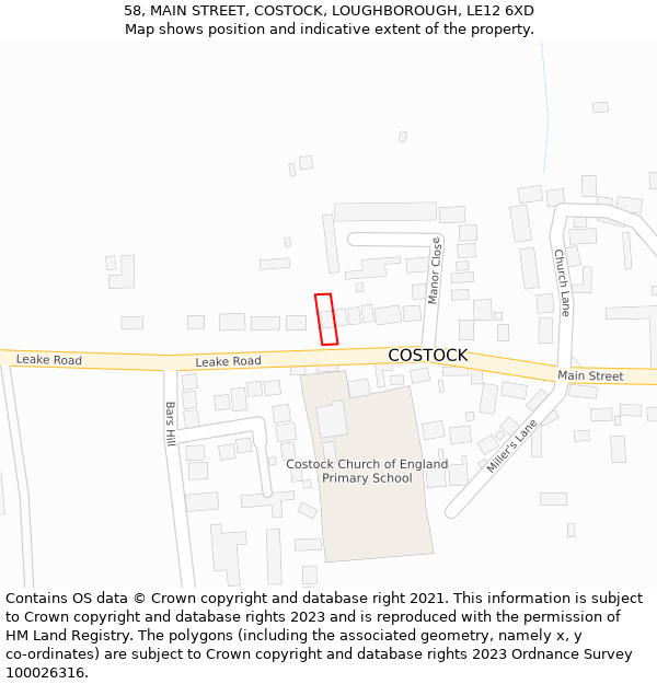 58, MAIN STREET, COSTOCK, LOUGHBOROUGH, LE12 6XD: Location map and indicative extent of plot