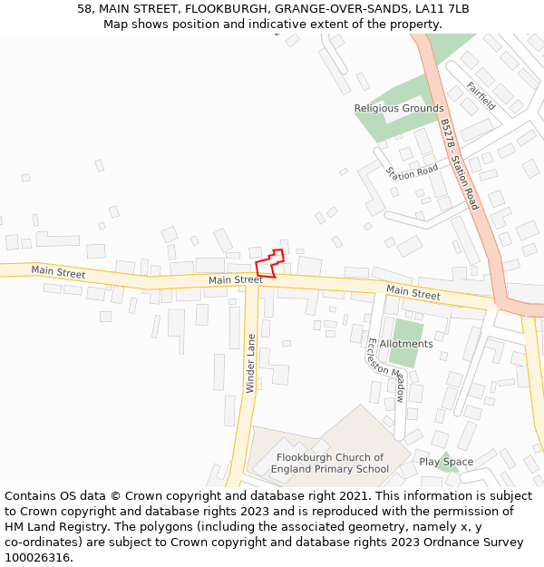 58, MAIN STREET, FLOOKBURGH, GRANGE-OVER-SANDS, LA11 7LB: Location map and indicative extent of plot