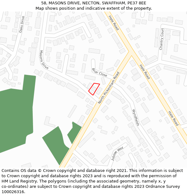 58, MASONS DRIVE, NECTON, SWAFFHAM, PE37 8EE: Location map and indicative extent of plot