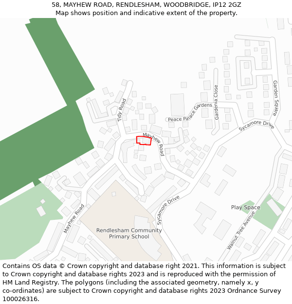 58, MAYHEW ROAD, RENDLESHAM, WOODBRIDGE, IP12 2GZ: Location map and indicative extent of plot