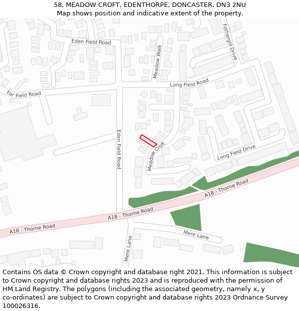 58, MEADOW CROFT, EDENTHORPE, DONCASTER, DN3 2NU: Location map and indicative extent of plot