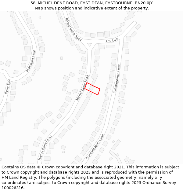 58, MICHEL DENE ROAD, EAST DEAN, EASTBOURNE, BN20 0JY: Location map and indicative extent of plot