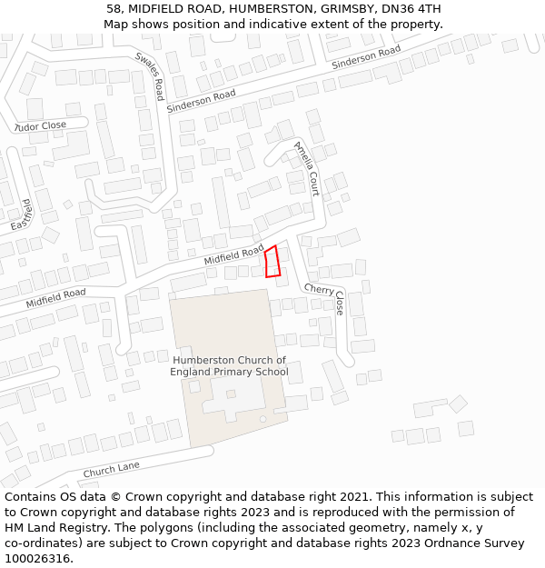 58, MIDFIELD ROAD, HUMBERSTON, GRIMSBY, DN36 4TH: Location map and indicative extent of plot