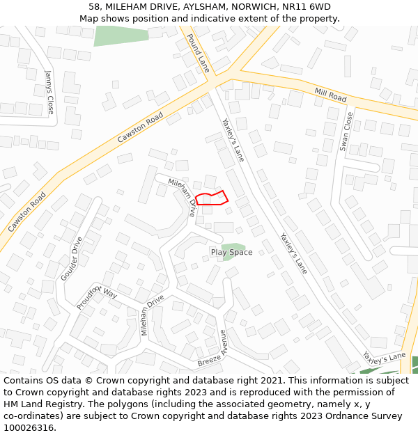 58, MILEHAM DRIVE, AYLSHAM, NORWICH, NR11 6WD: Location map and indicative extent of plot