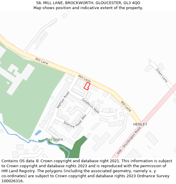 58, MILL LANE, BROCKWORTH, GLOUCESTER, GL3 4QD: Location map and indicative extent of plot