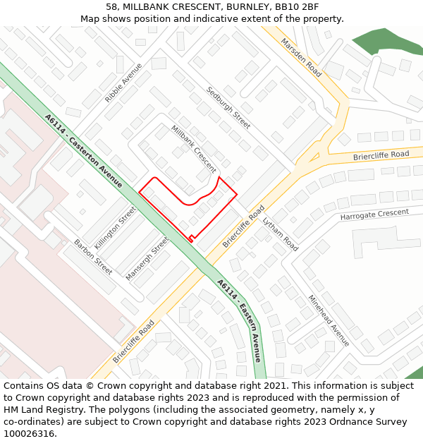 58, MILLBANK CRESCENT, BURNLEY, BB10 2BF: Location map and indicative extent of plot