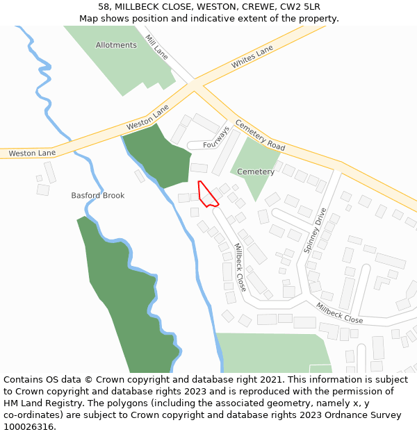 58, MILLBECK CLOSE, WESTON, CREWE, CW2 5LR: Location map and indicative extent of plot