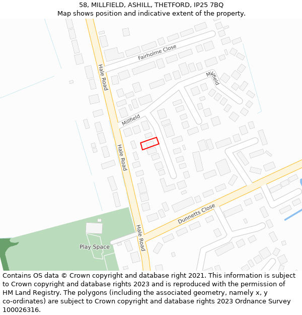 58, MILLFIELD, ASHILL, THETFORD, IP25 7BQ: Location map and indicative extent of plot