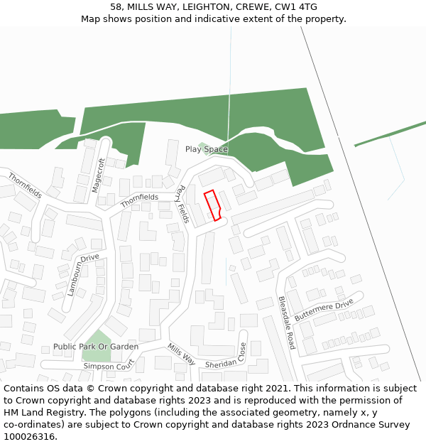 58, MILLS WAY, LEIGHTON, CREWE, CW1 4TG: Location map and indicative extent of plot