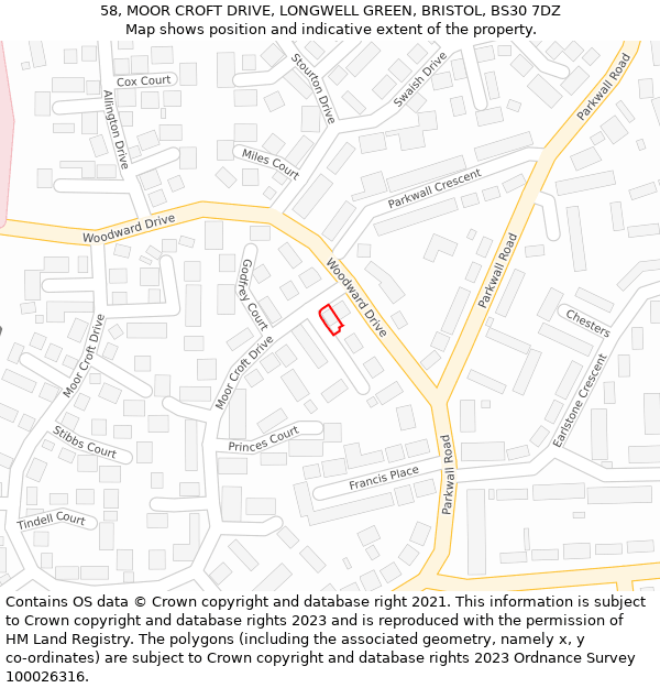 58, MOOR CROFT DRIVE, LONGWELL GREEN, BRISTOL, BS30 7DZ: Location map and indicative extent of plot