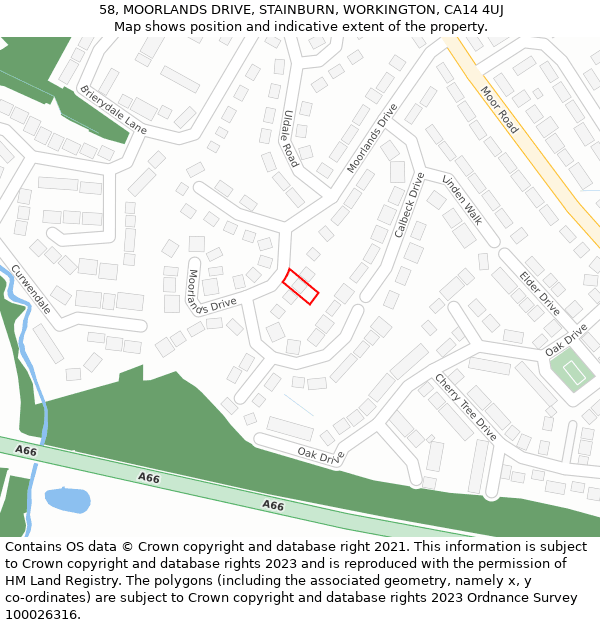58, MOORLANDS DRIVE, STAINBURN, WORKINGTON, CA14 4UJ: Location map and indicative extent of plot