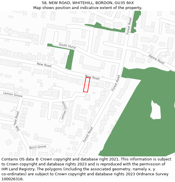 58, NEW ROAD, WHITEHILL, BORDON, GU35 9AX: Location map and indicative extent of plot