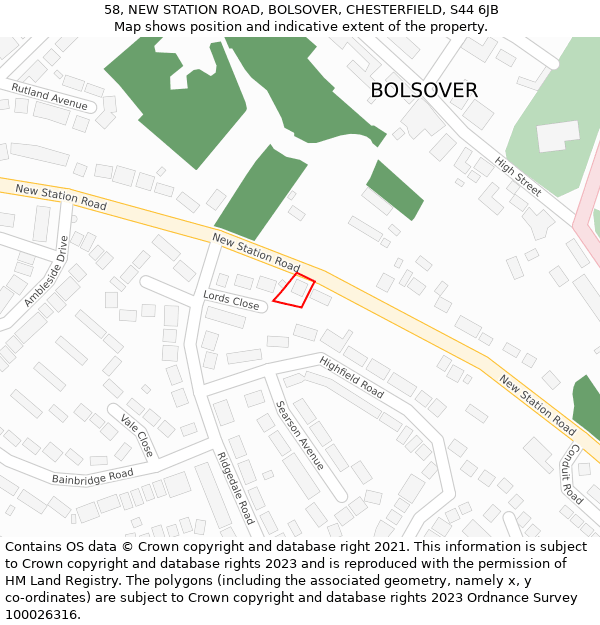 58, NEW STATION ROAD, BOLSOVER, CHESTERFIELD, S44 6JB: Location map and indicative extent of plot