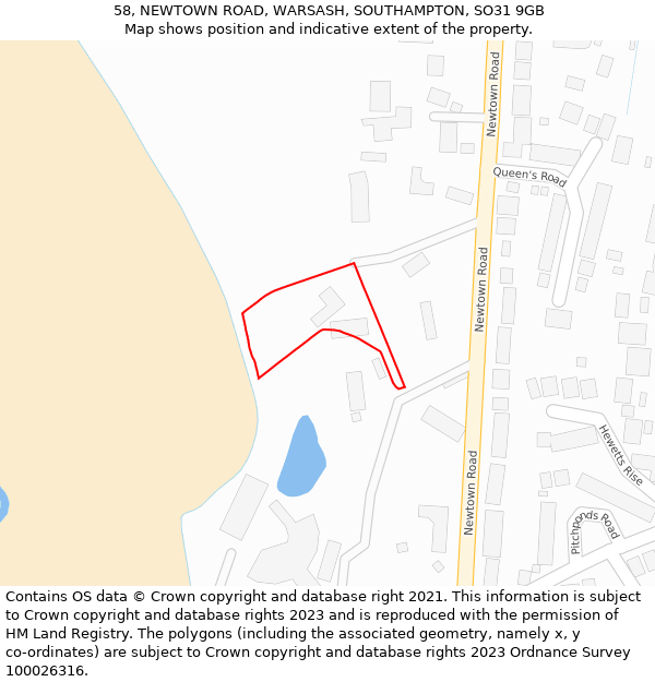 58, NEWTOWN ROAD, WARSASH, SOUTHAMPTON, SO31 9GB: Location map and indicative extent of plot