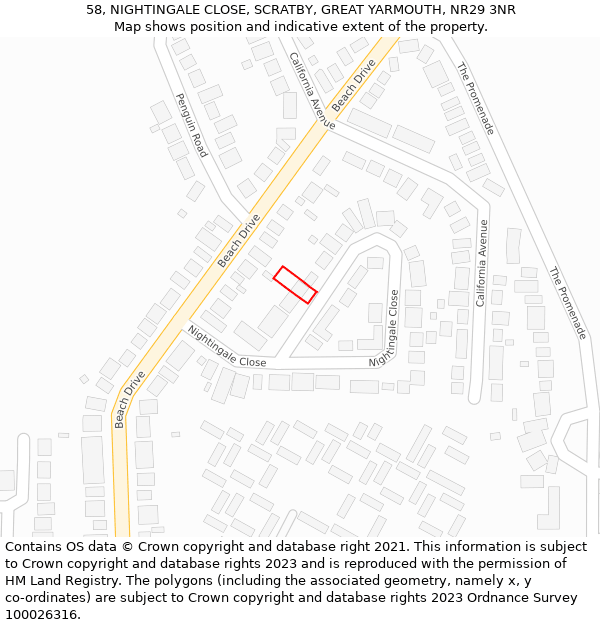 58, NIGHTINGALE CLOSE, SCRATBY, GREAT YARMOUTH, NR29 3NR: Location map and indicative extent of plot