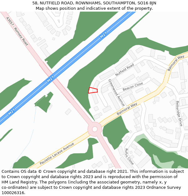 58, NUTFIELD ROAD, ROWNHAMS, SOUTHAMPTON, SO16 8JN: Location map and indicative extent of plot