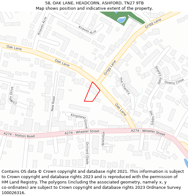 58, OAK LANE, HEADCORN, ASHFORD, TN27 9TB: Location map and indicative extent of plot