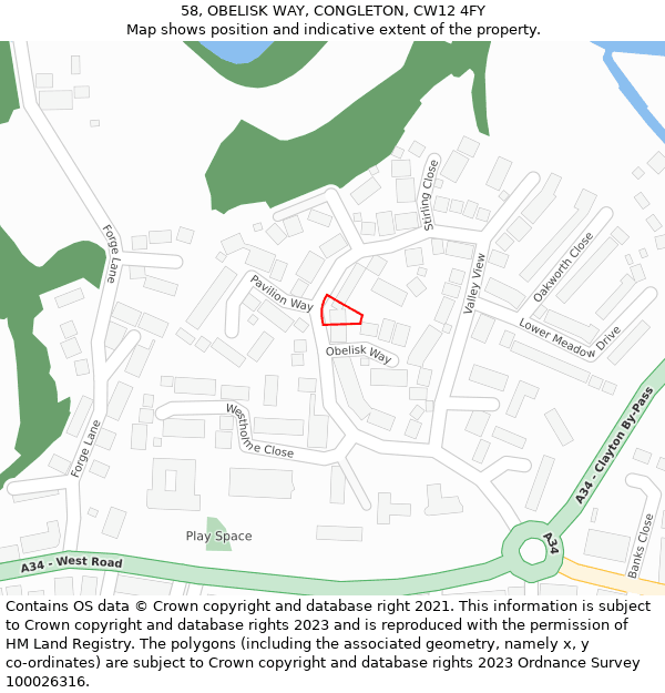 58, OBELISK WAY, CONGLETON, CW12 4FY: Location map and indicative extent of plot