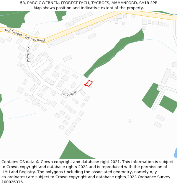 58, PARC GWERNEN, FFOREST FACH, TYCROES, AMMANFORD, SA18 3PR: Location map and indicative extent of plot