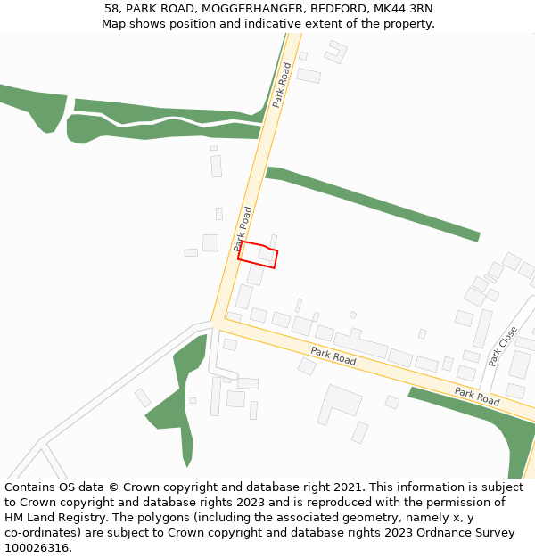 58, PARK ROAD, MOGGERHANGER, BEDFORD, MK44 3RN: Location map and indicative extent of plot