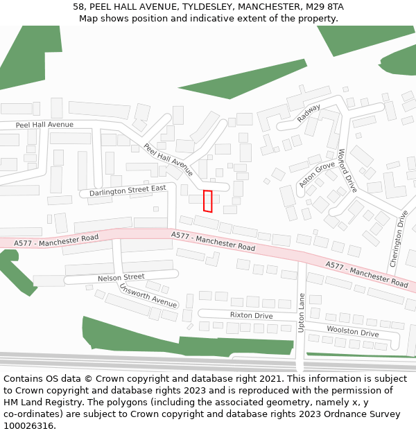 58, PEEL HALL AVENUE, TYLDESLEY, MANCHESTER, M29 8TA: Location map and indicative extent of plot