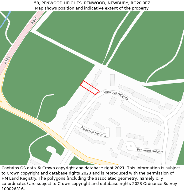 58, PENWOOD HEIGHTS, PENWOOD, NEWBURY, RG20 9EZ: Location map and indicative extent of plot