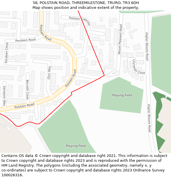 58, POLSTAIN ROAD, THREEMILESTONE, TRURO, TR3 6DH: Location map and indicative extent of plot