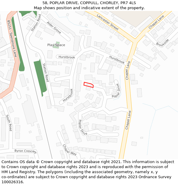 58, POPLAR DRIVE, COPPULL, CHORLEY, PR7 4LS: Location map and indicative extent of plot