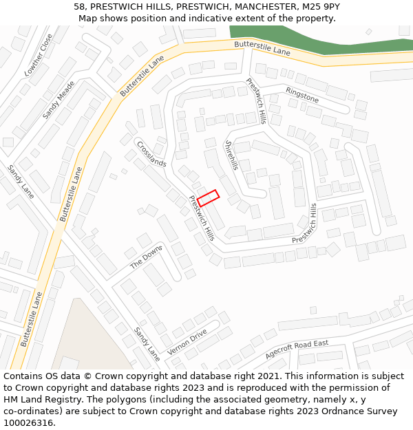 58, PRESTWICH HILLS, PRESTWICH, MANCHESTER, M25 9PY: Location map and indicative extent of plot