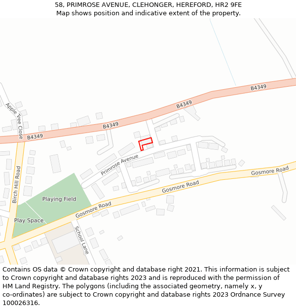 58, PRIMROSE AVENUE, CLEHONGER, HEREFORD, HR2 9FE: Location map and indicative extent of plot