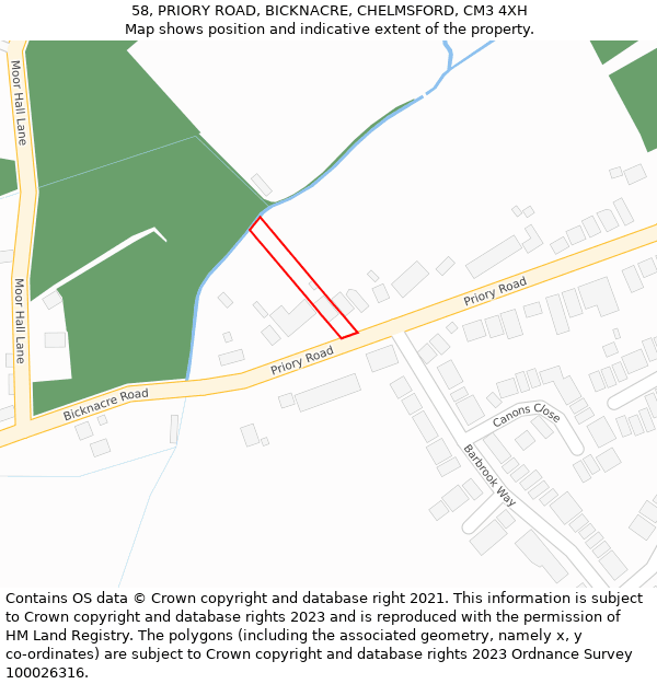 58, PRIORY ROAD, BICKNACRE, CHELMSFORD, CM3 4XH: Location map and indicative extent of plot