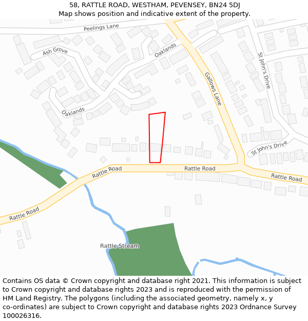58, RATTLE ROAD, WESTHAM, PEVENSEY, BN24 5DJ: Location map and indicative extent of plot