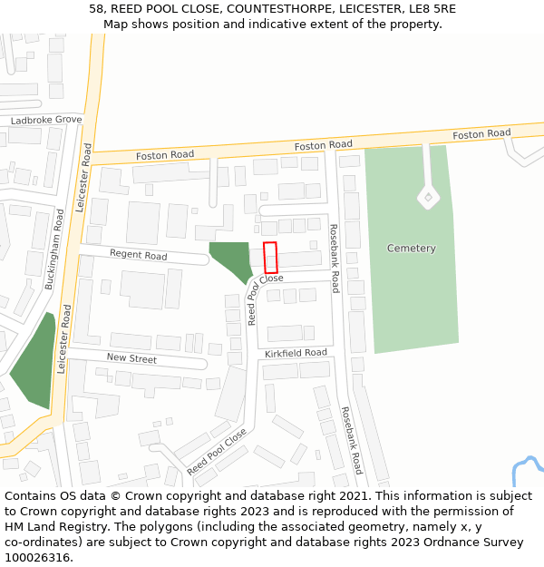 58, REED POOL CLOSE, COUNTESTHORPE, LEICESTER, LE8 5RE: Location map and indicative extent of plot