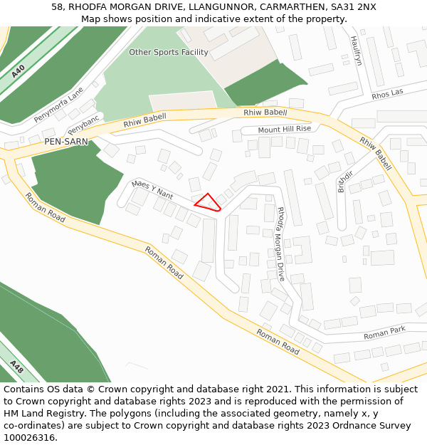 58, RHODFA MORGAN DRIVE, LLANGUNNOR, CARMARTHEN, SA31 2NX: Location map and indicative extent of plot