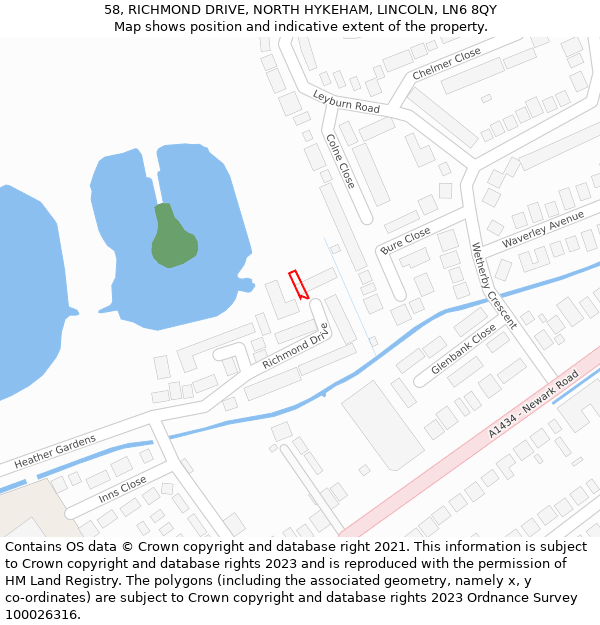 58, RICHMOND DRIVE, NORTH HYKEHAM, LINCOLN, LN6 8QY: Location map and indicative extent of plot