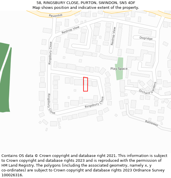 58, RINGSBURY CLOSE, PURTON, SWINDON, SN5 4DF: Location map and indicative extent of plot