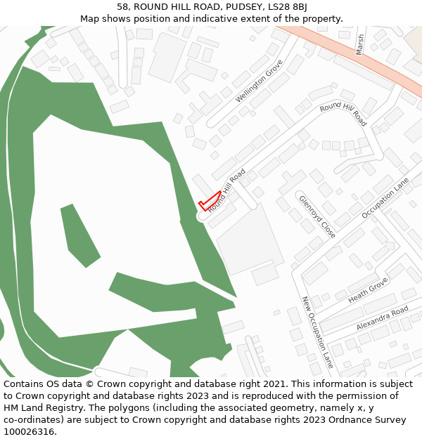 58, ROUND HILL ROAD, PUDSEY, LS28 8BJ: Location map and indicative extent of plot