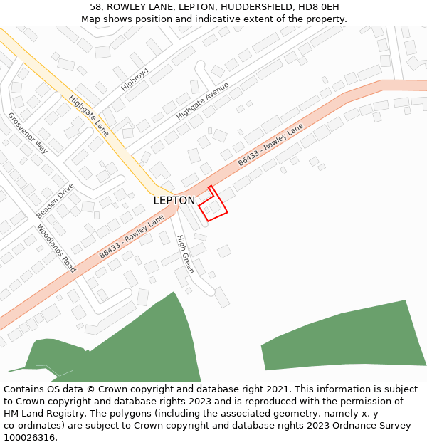 58, ROWLEY LANE, LEPTON, HUDDERSFIELD, HD8 0EH: Location map and indicative extent of plot