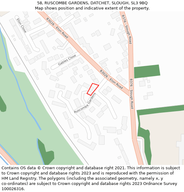 58, RUSCOMBE GARDENS, DATCHET, SLOUGH, SL3 9BQ: Location map and indicative extent of plot