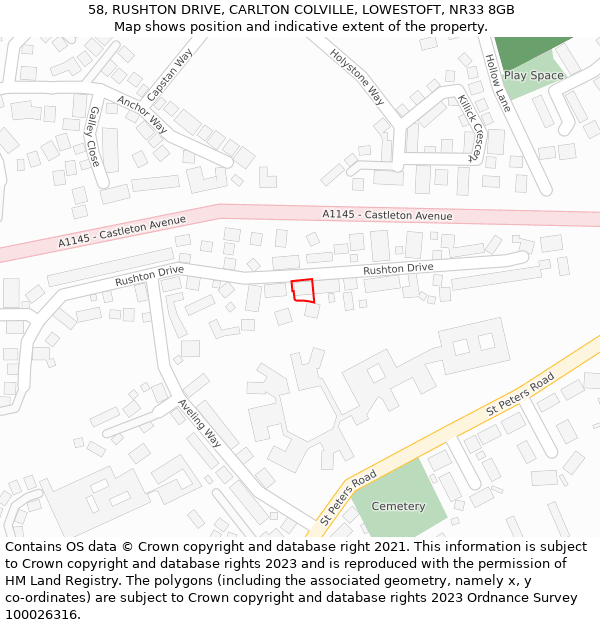 58, RUSHTON DRIVE, CARLTON COLVILLE, LOWESTOFT, NR33 8GB: Location map and indicative extent of plot