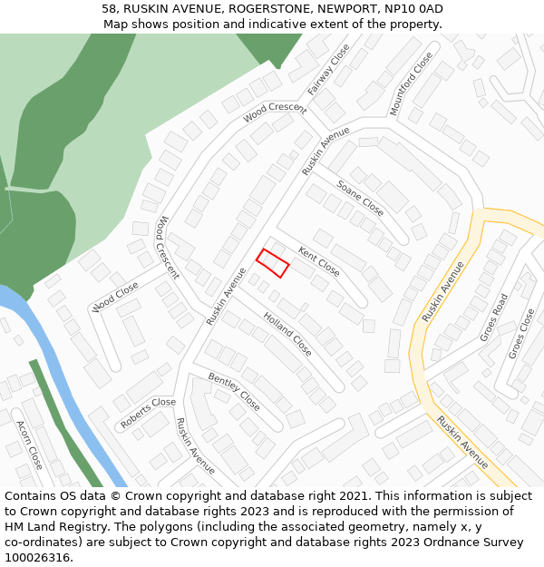 58, RUSKIN AVENUE, ROGERSTONE, NEWPORT, NP10 0AD: Location map and indicative extent of plot
