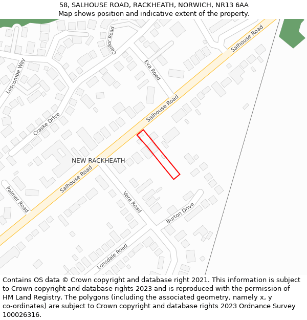 58, SALHOUSE ROAD, RACKHEATH, NORWICH, NR13 6AA: Location map and indicative extent of plot